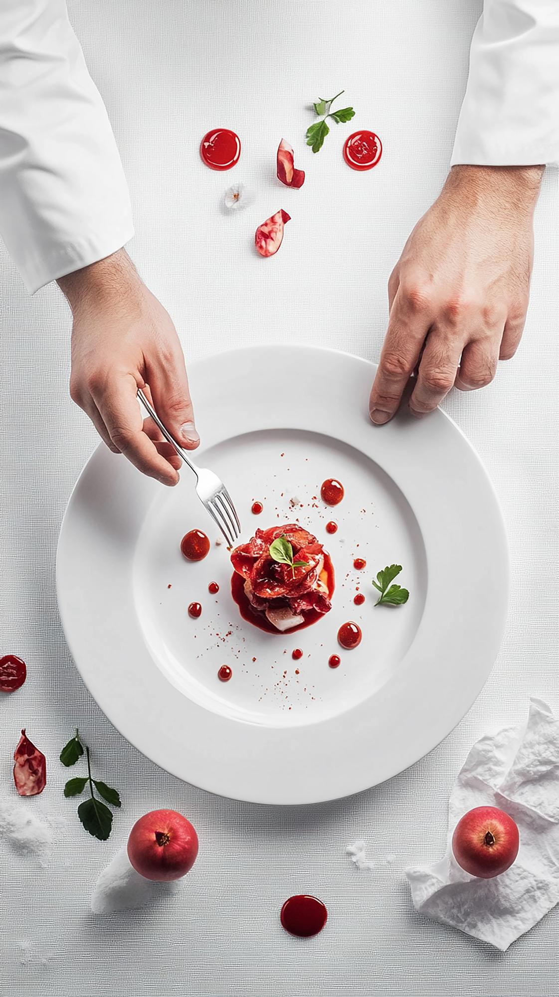 Szef kuchni dekorujący talerz z nowoczesnym menu